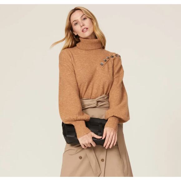 Marissa Webb Blake Camel Brown Button Cashmere Blend Turtleneck Sweater M - Picture 1 of 16